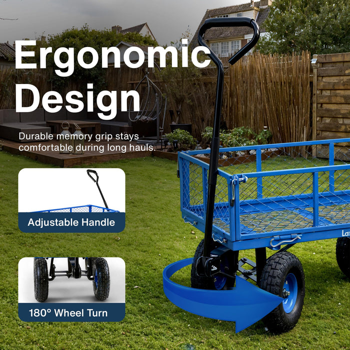 Landworks Utility Wagon – Garden Cart with Mesh Sides, 181 kg Load, All-Terrain Wheels, Blue