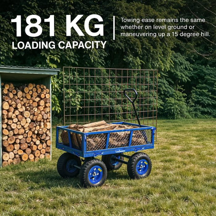 Landworks Utility Wagon – Garden Cart with Mesh Sides, 181 kg Load, All-Terrain Wheels, Blue
