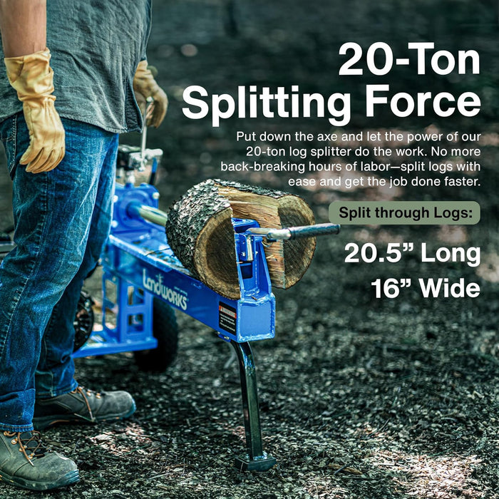 Landworks 20-Ton Portable Log Splitter – Gas Powered, Horizontal Beam, 7HP Engine, Forestry Use