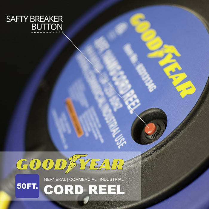 Goodyear Retractable Extension Cord Reel – 16AWG x 15.2 m, LED Triple Tap, 938W Max, Commercial Grade