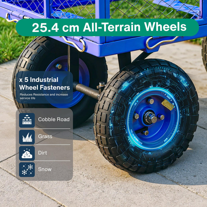 Landworks Utility Wagon – Garden Cart with Mesh Sides, 181 kg Load, All-Terrain Wheels, Blue