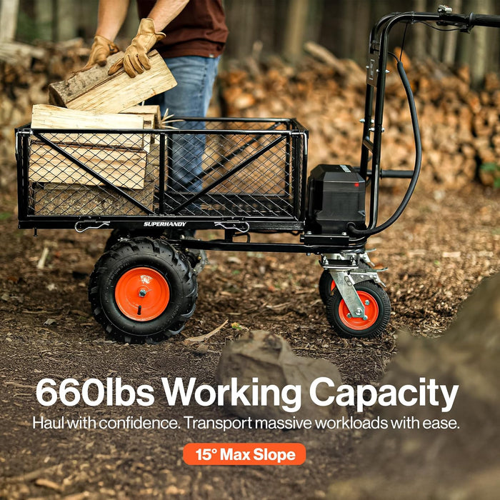 SuperHandy Utility Service Cart Power Wagon Wheelbarrow Electric 48V DC Powered 660Lbs Load and 1000Lbs+ Hauling Capacity Farm and Garden All Purpose Modular Cargo Bed