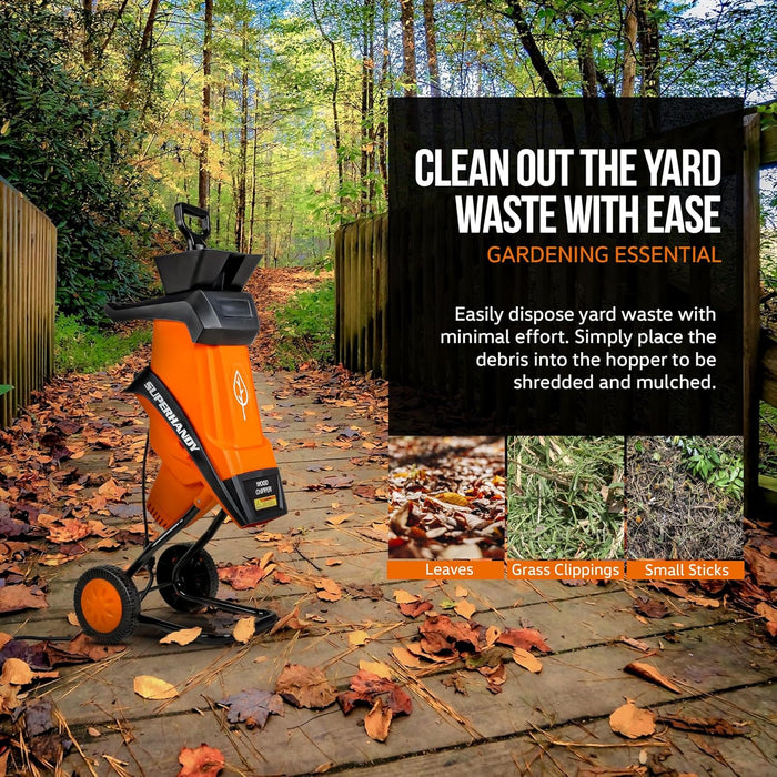 SuperHandy Wood Chipper Shredder Electric 1.5" (39mm) Max Wood Capacity 17:1 Reduction 15A 1800W 120VAC Dual Edge Blades for Fire Prevention & Firebreaks (Amazon Exclusive for USA)