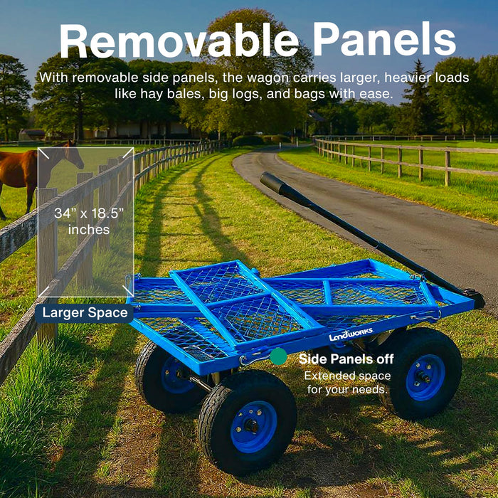 Landworks Utility Wagon – Garden Cart with Mesh Sides, 181 kg Load, All-Terrain Wheels, Blue