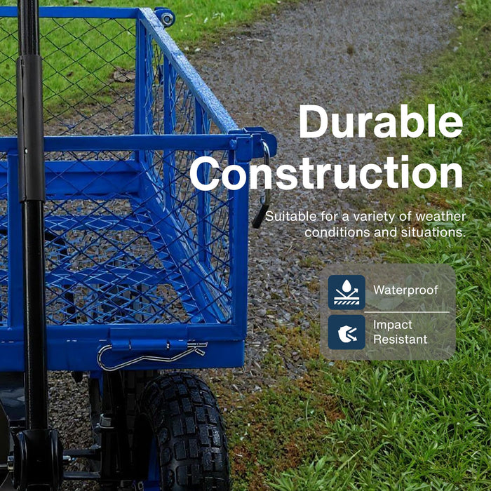 Landworks Utility Wagon – Garden Cart with Mesh Sides, 181 kg Load, All-Terrain Wheels, Blue