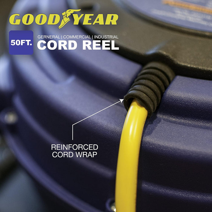 Goodyear Retractable Extension Cord Reel – 16AWG x 15.2 m, LED Triple Tap, 938W Max, Commercial Grade