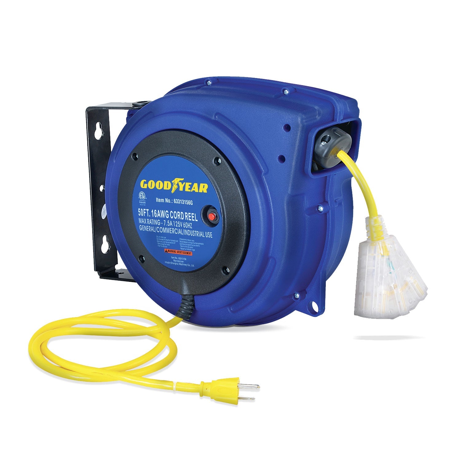 Goodyear Mountable Retractable Extension Cord Reel - 16AWG x 50' Ft, 3 Grounded Outlets, Max 15A