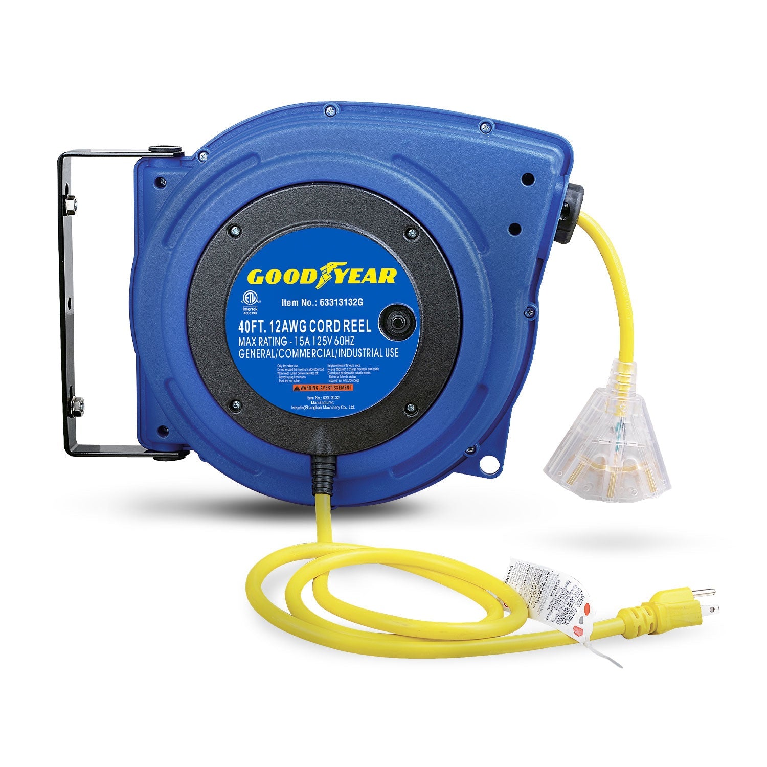 Goodyear Mountable Retractable Extension Cord Reel - 12AWG x 40' Ft, 3 Grounded Outlets, Max 15A