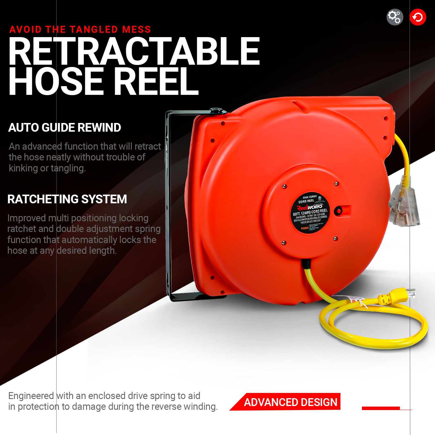 ReelWorks Mountable Retractable Extension Cord Reel - 12AWG x 80' Ft