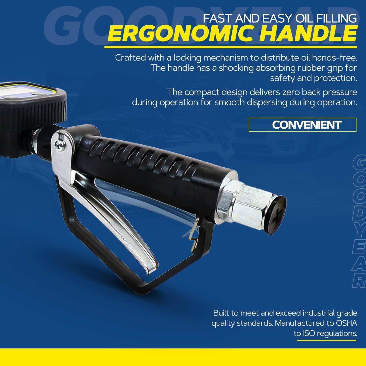 Goodyear Digital Oil Gun - 10GPM, 1/2" NPT Inlet, Flexible Nozzle & Locking Trigger - DIY Tools by GreatCircleUS