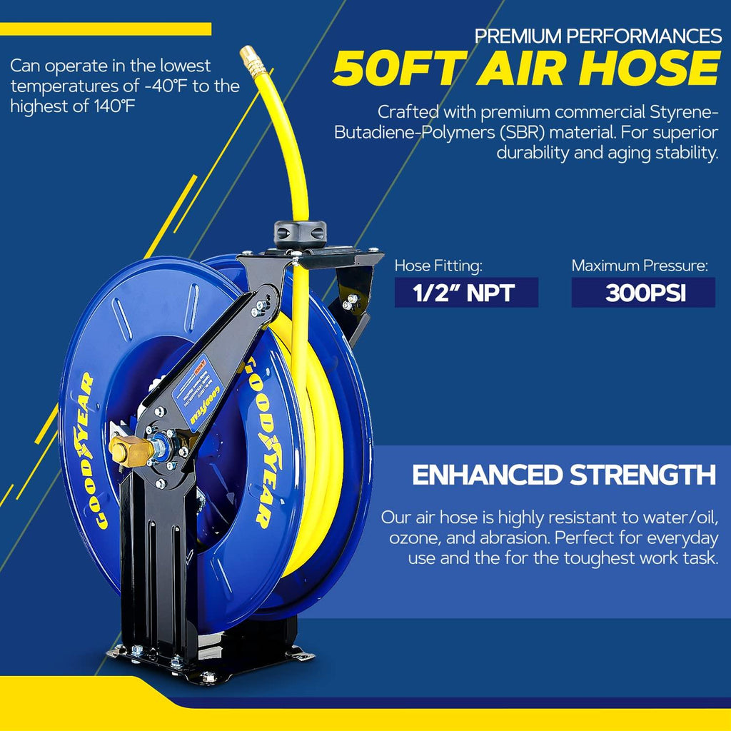 Goodyear Industrial Retractable Air Hose Reel - 3/8 x 50' Ft, 300 PSI Max, 1/4 NPT Connections, Dual Arm