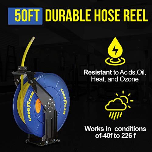 Goodyear Industrial Retractable Air Hose Reel - 3/8" x 50' Ft, 300 PSI Max, 1/4" NPT Connections, Dual Arm - DIY Tools by GreatCircleUS