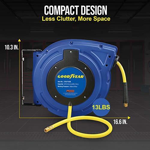 Goodyear Mountable Retractable Air Hose Reel - 3/8 x 50' Ft, 3' Ft Le