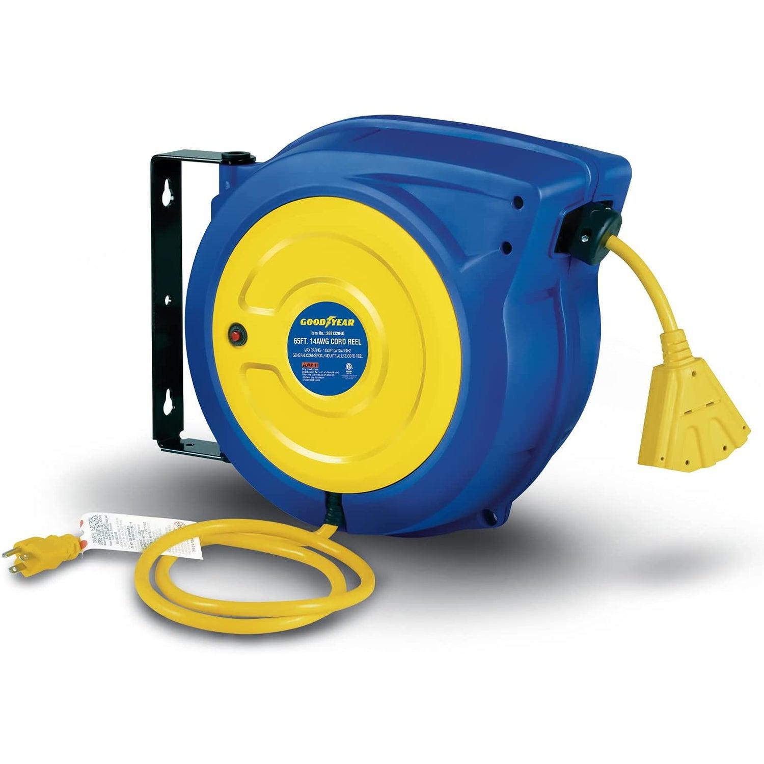 Goodyear Mountable Retractable Extension Cord Reel - 14AWG x 65' Ft, 3 Grounded Outlets, Max 10A - DIY Tools by GreatCircleUS