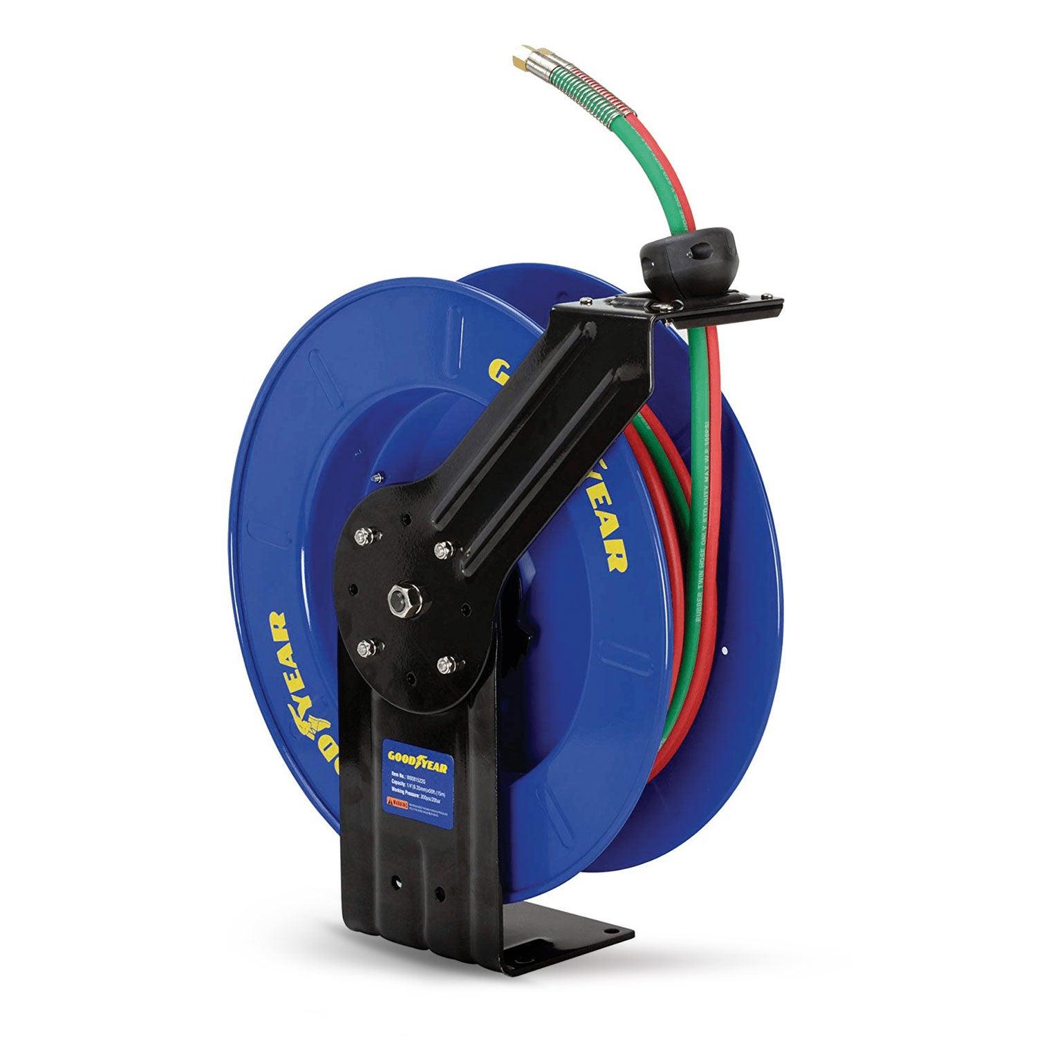 Goodyear Oxy-Acetylene Welding Hose Reel - Twin 1/4" x 50' Ft Hoses, Max 300 PSI, 1/4" MNPT Connections - DIY Tools by GreatCircleUS