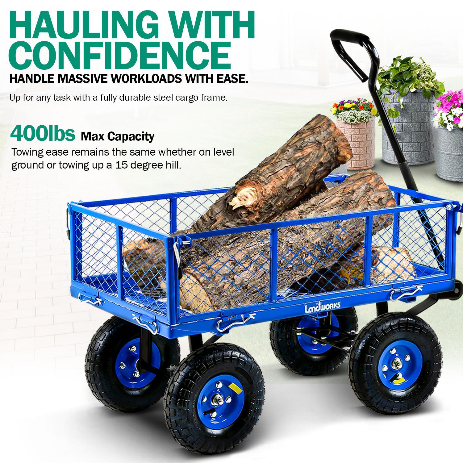 Landworks Heavy Duty Utility Wagon 400LB Capacity - For Hauling Wood, Tools, & Materials (Blue) - DIY Tools by GreatCircleUS