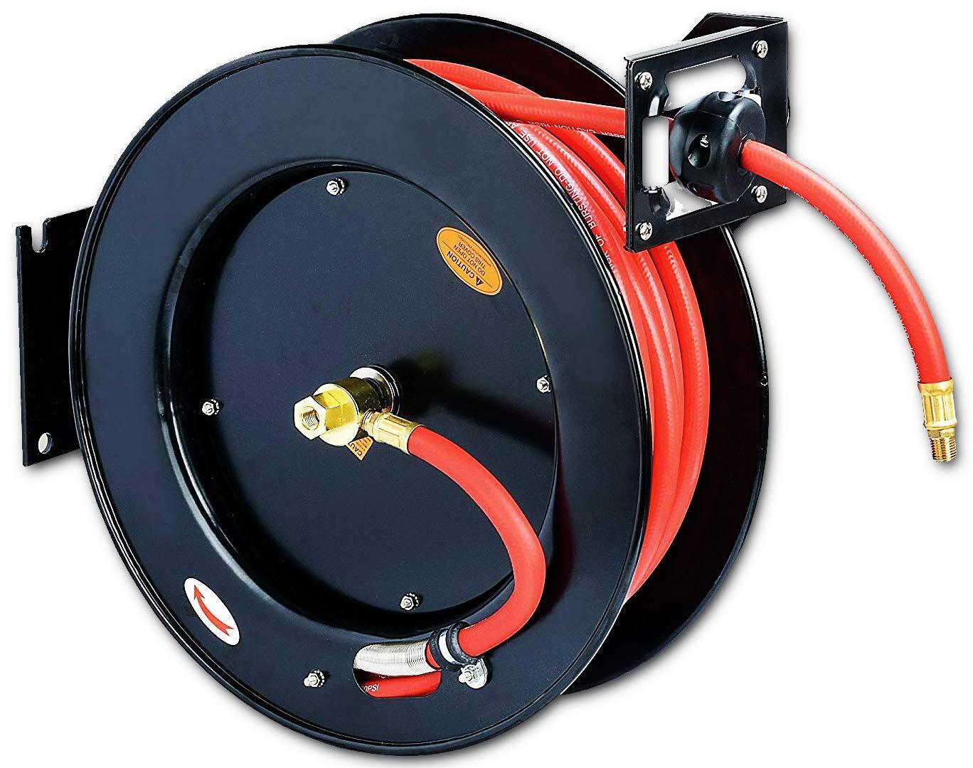 ReelWorks Industrial Retractable Air Hose Reel - 3/8" x  50'FT, 1/4" MNPT Connections, Single Arm - DIY Tools by GreatCircleUS