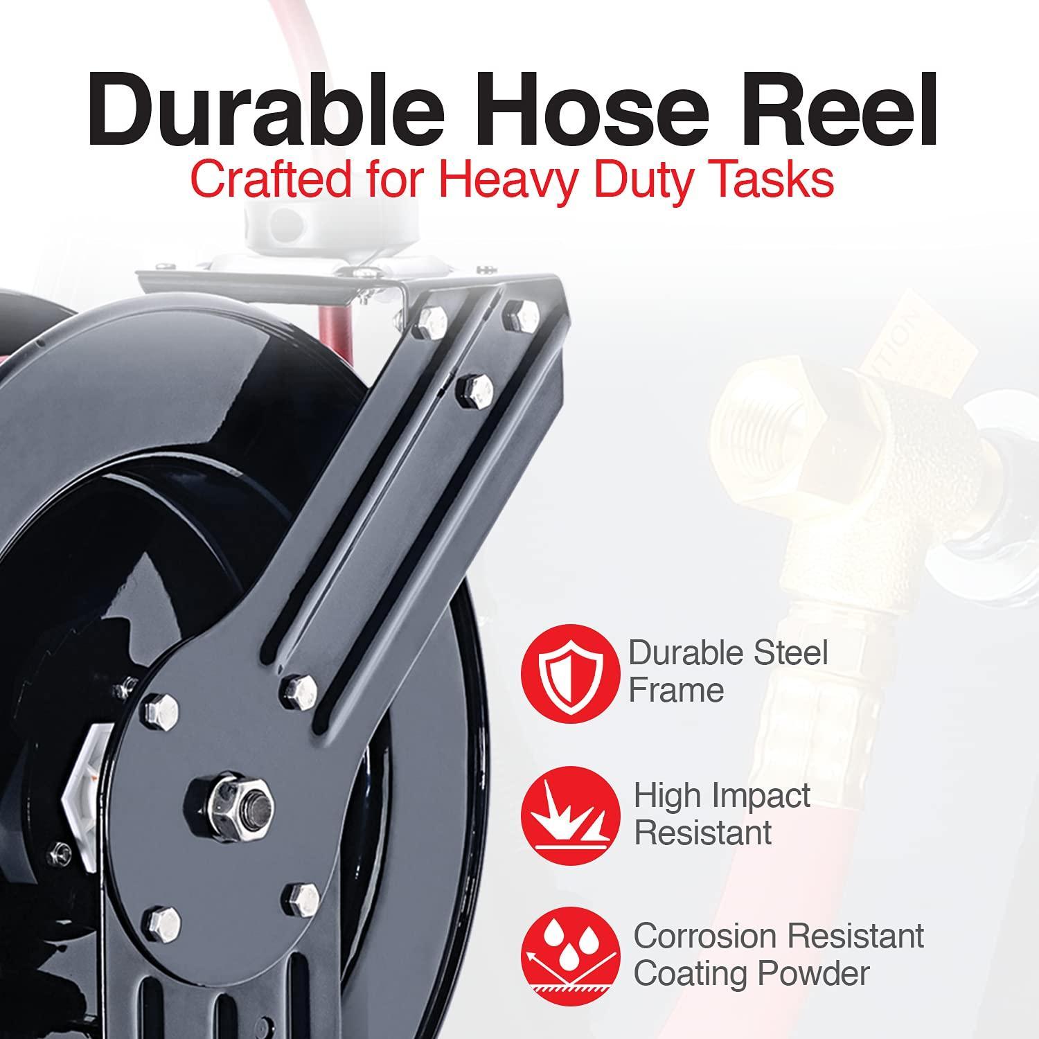 ReelWorks Industrial Retractable Air Hose Reel - 3/8" x  50'FT, 1/4" MNPT Connections, Single Arm - DIY Tools by GreatCircleUS