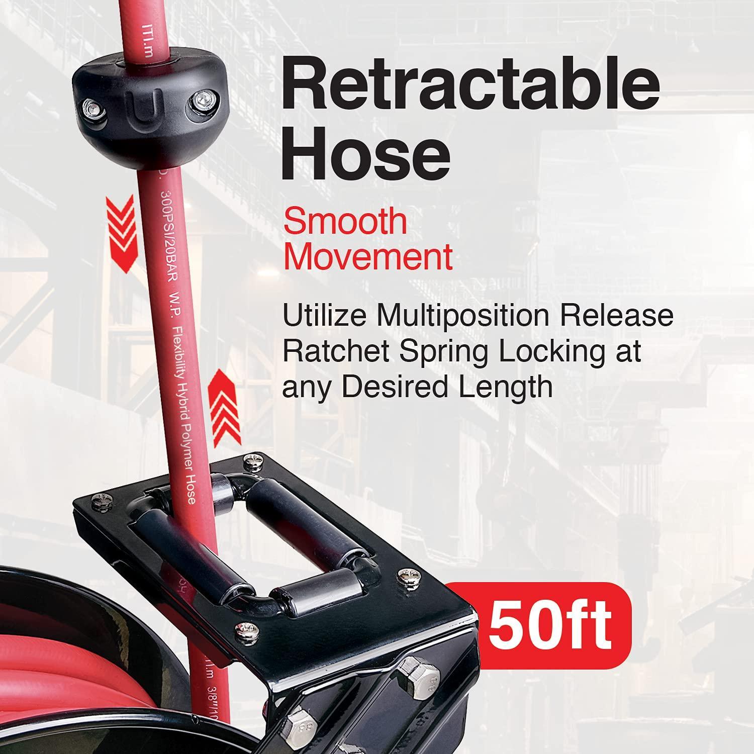 ReelWorks Industrial Retractable Air Hose Reel - 3/8" x  50'FT, 1/4" MNPT Connections, Single Arm - DIY Tools by GreatCircleUS