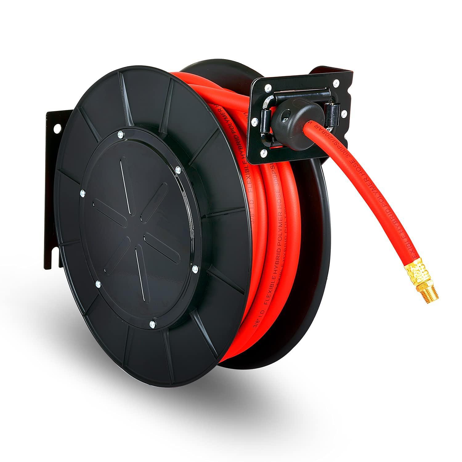 ReelWorks Industrial Retractable Air Hose Reel - 3/8" x  50'FT, 1/4" NPT Connections, Single Arm - DIY Tools by GreatCircleUS