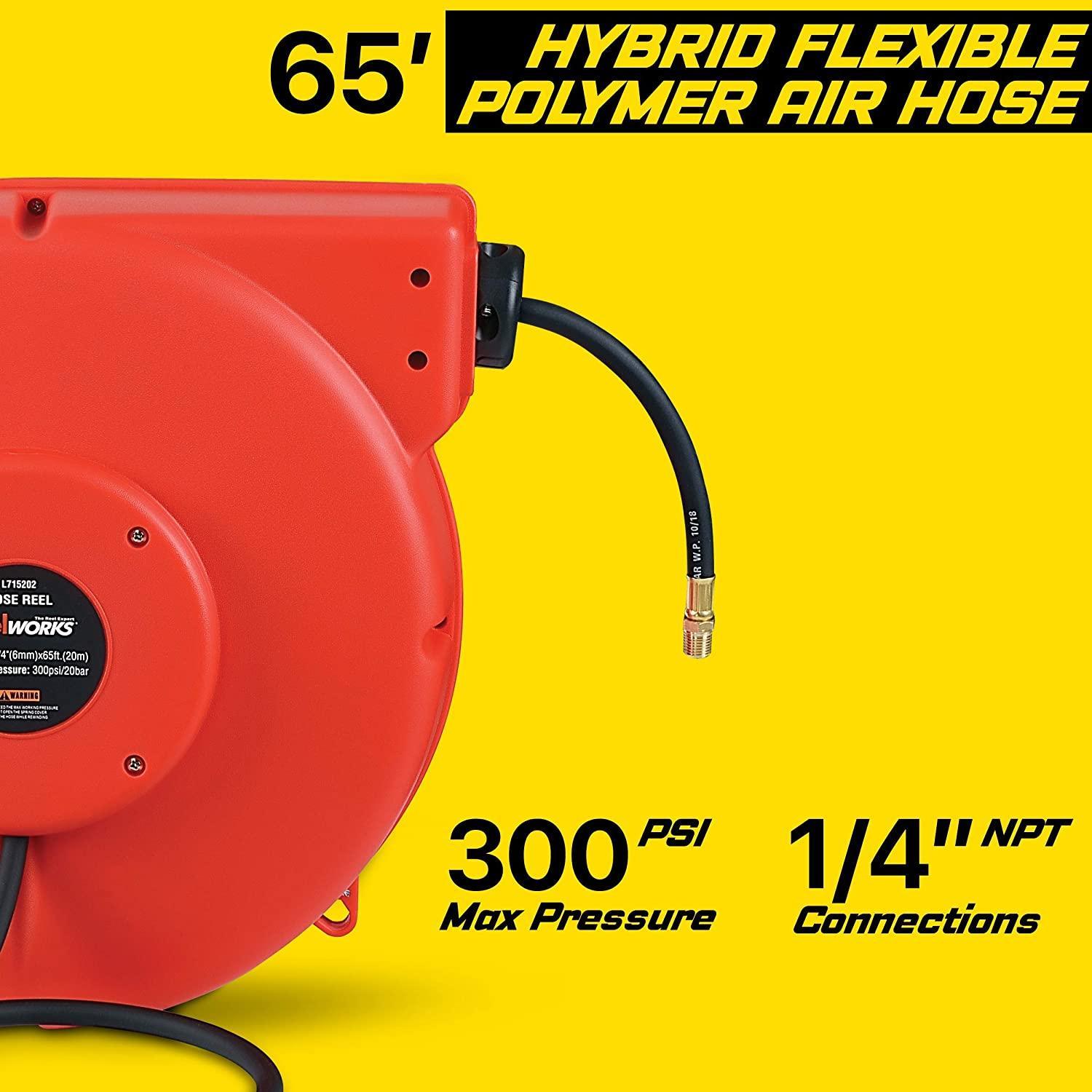 ReelWorks Air Hose Reel Retractable 3/8 Inch x 50' Foot Hybrid Polymer Red  Hose Max 300PSI Commerical Polypropylene Construction