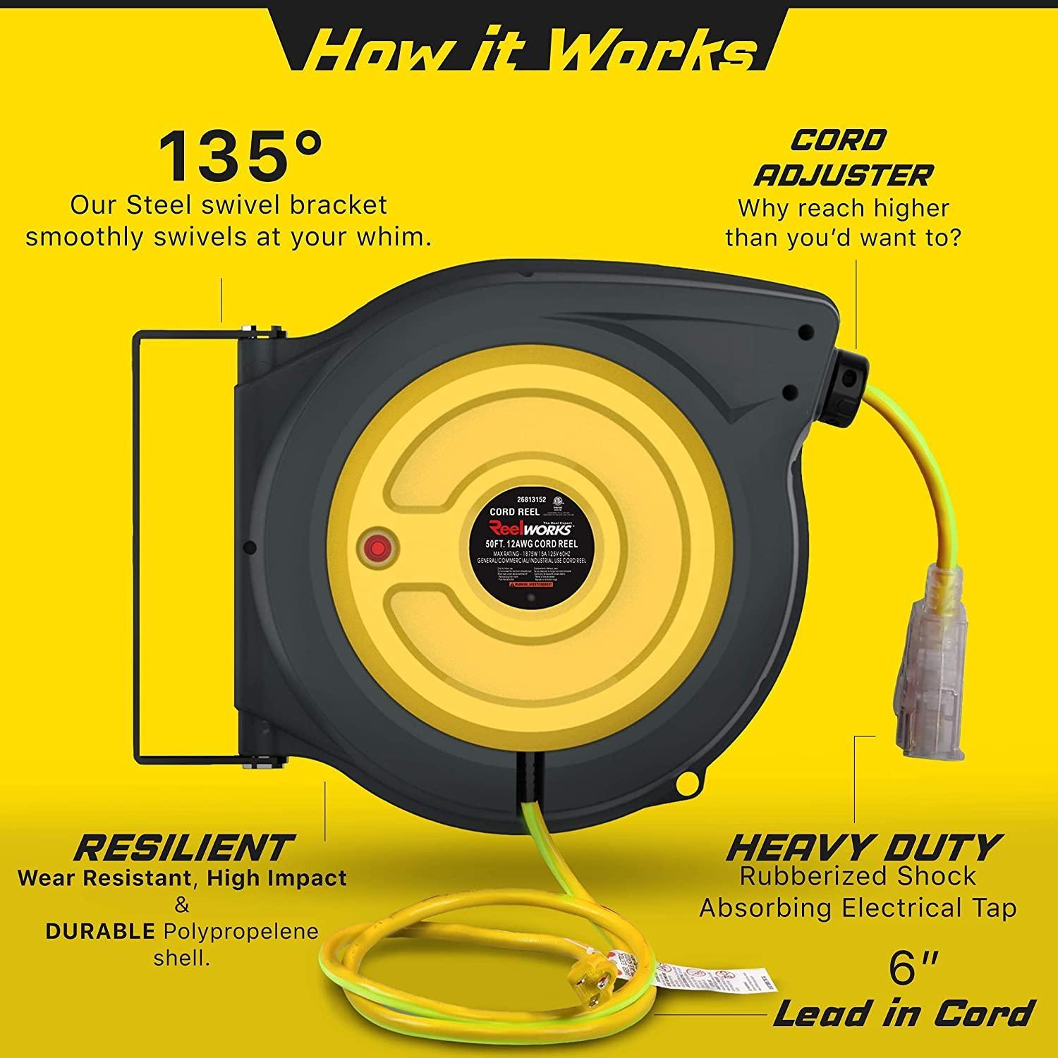 ReelWorks Mountable Retractable Extension Cord Reel - 12AWG x 50' Ft