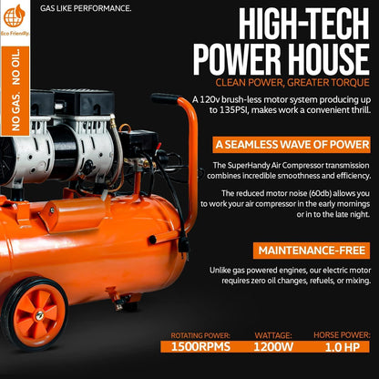 SuperHandy Electric Air Compressor - 120V Corded, 6.3 Gal, 120PSI Max Pressure Output - DIY Tools by GreatCircleUS