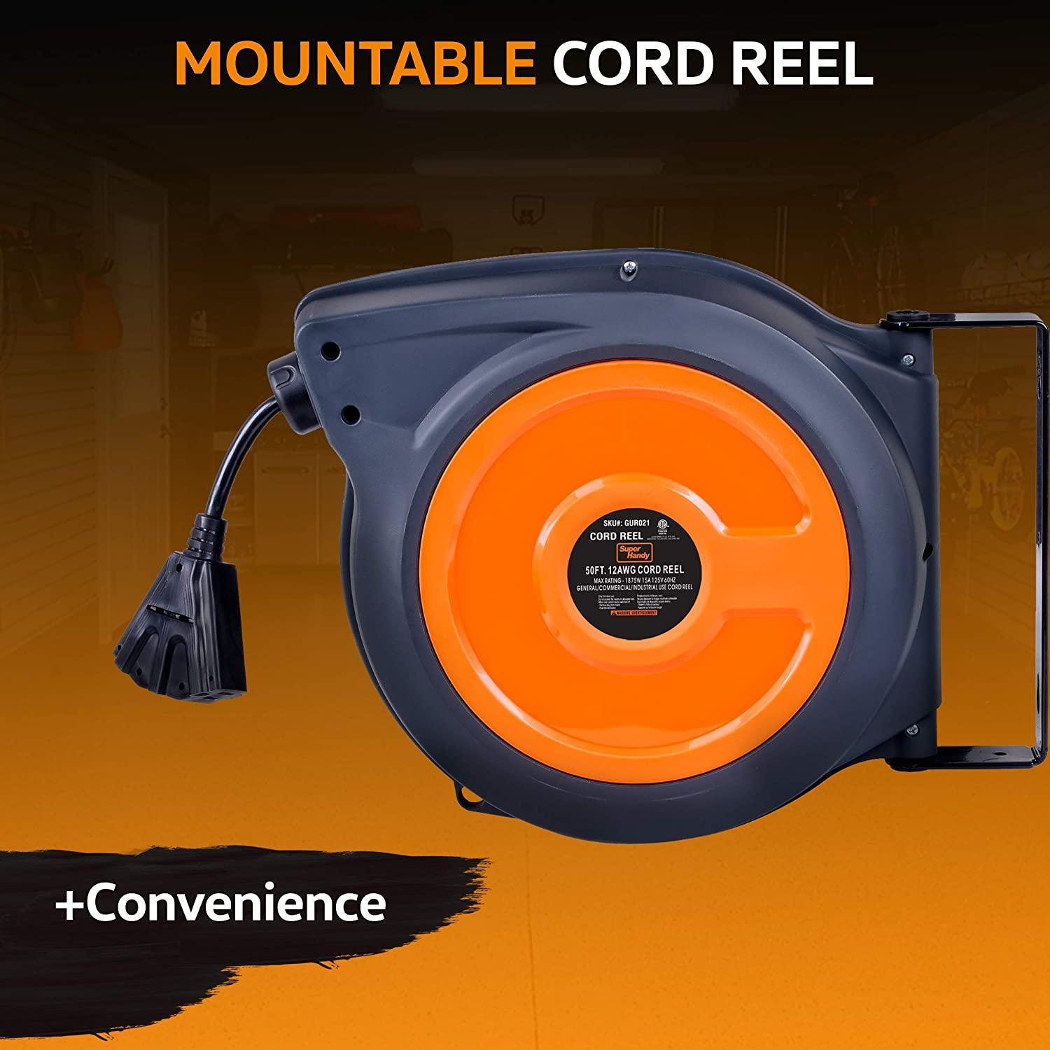 SuperHandy Mountable Retractable Extension Cord Reel - 12AWG x 65' Ft, 3 Grounded Outlets, Max 15A - DIY Tools by GreatCircleUS