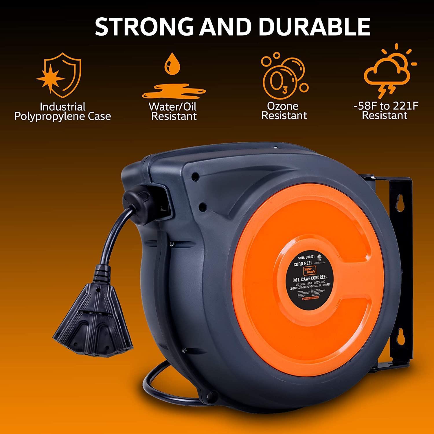 SuperHandy Mountable Retractable Extension Cord Reel - 12AWG x 65' Ft, 3 Grounded Outlets, Max 15A - DIY Tools by GreatCircleUS