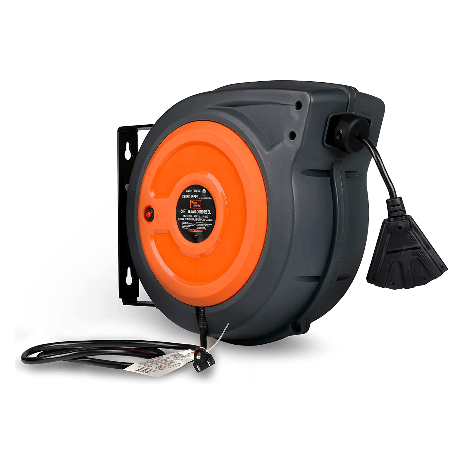 SuperHandy Mountable Retractable Extension Cord Reel - 16AWG x 50' Ft, 3 Grounded Outlets, Max 10A - DIY Tools by GreatCircleUS