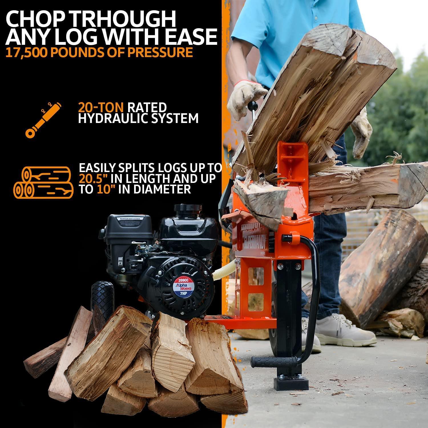 SuperHandy Portable Gas-Powered Log Splitter - 7HP 212CC 20 Ton Hydraulic System 10" Max Wood Diameter (Orange) - DIY Tools by GreatCircleUS